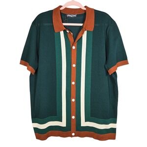 PJ Paul Jones Men Shirt XL Green Stripe Knit Retro 70s Short Sleeve Button Up